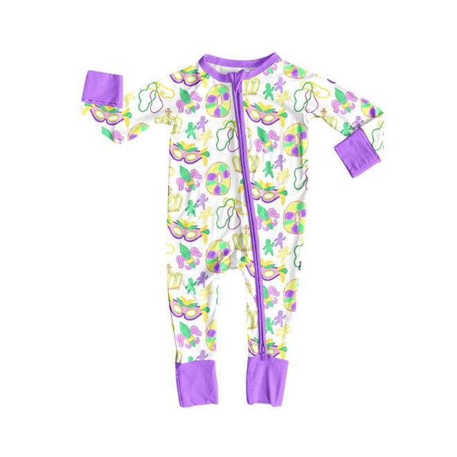 toddle baby Mardi Gras mask long sleeve zip romper