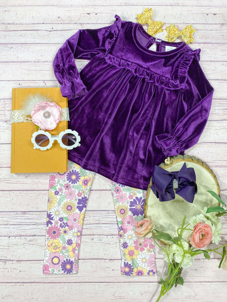 Purple velvet long sleeve tunic top floral leggings matching boutique clothing set