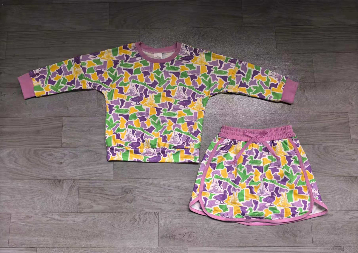 Mardi gras camo duck print long sleeve top matching skirt girls outfit preorder
