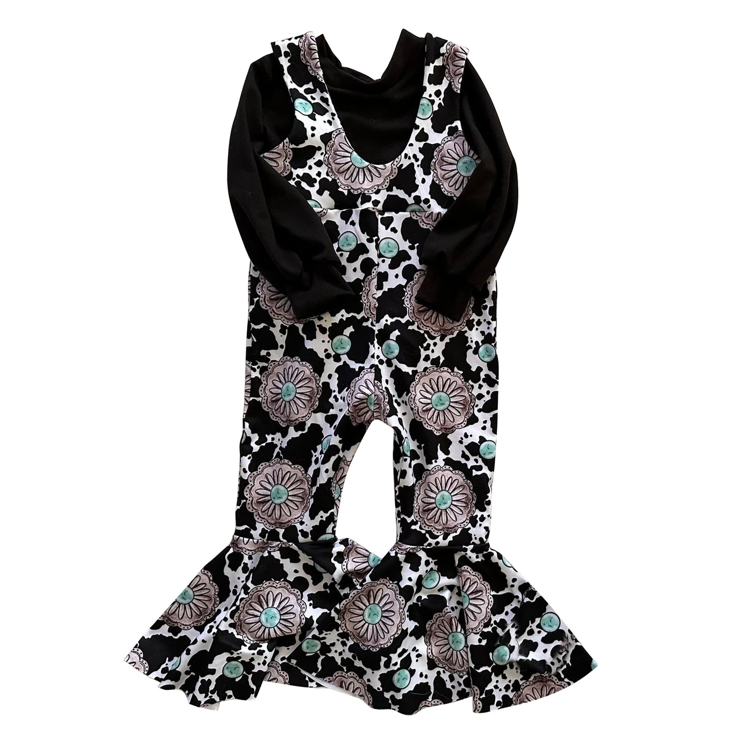 black long sleeve shirt turquoise suspender jumpsuit 2pcs outfit