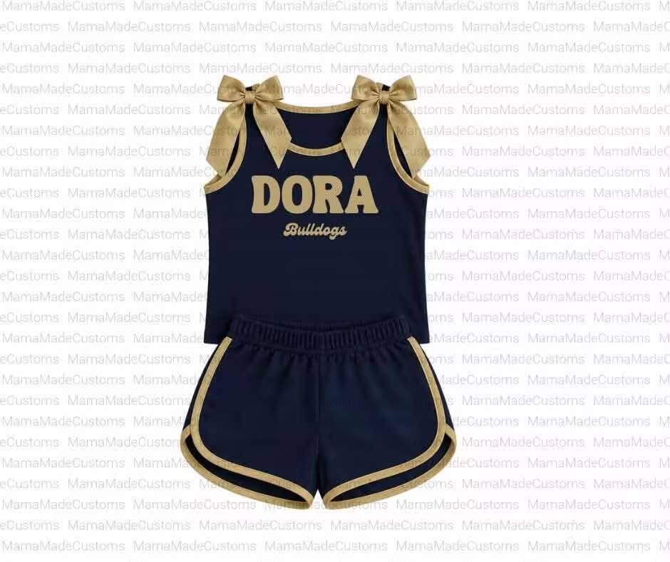 navy with gold bow no print girls summer outfit