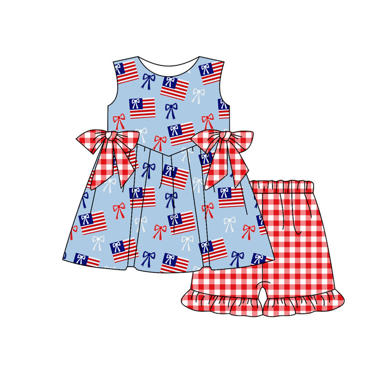 America bow top matching shorts custom design girls summer outfit
