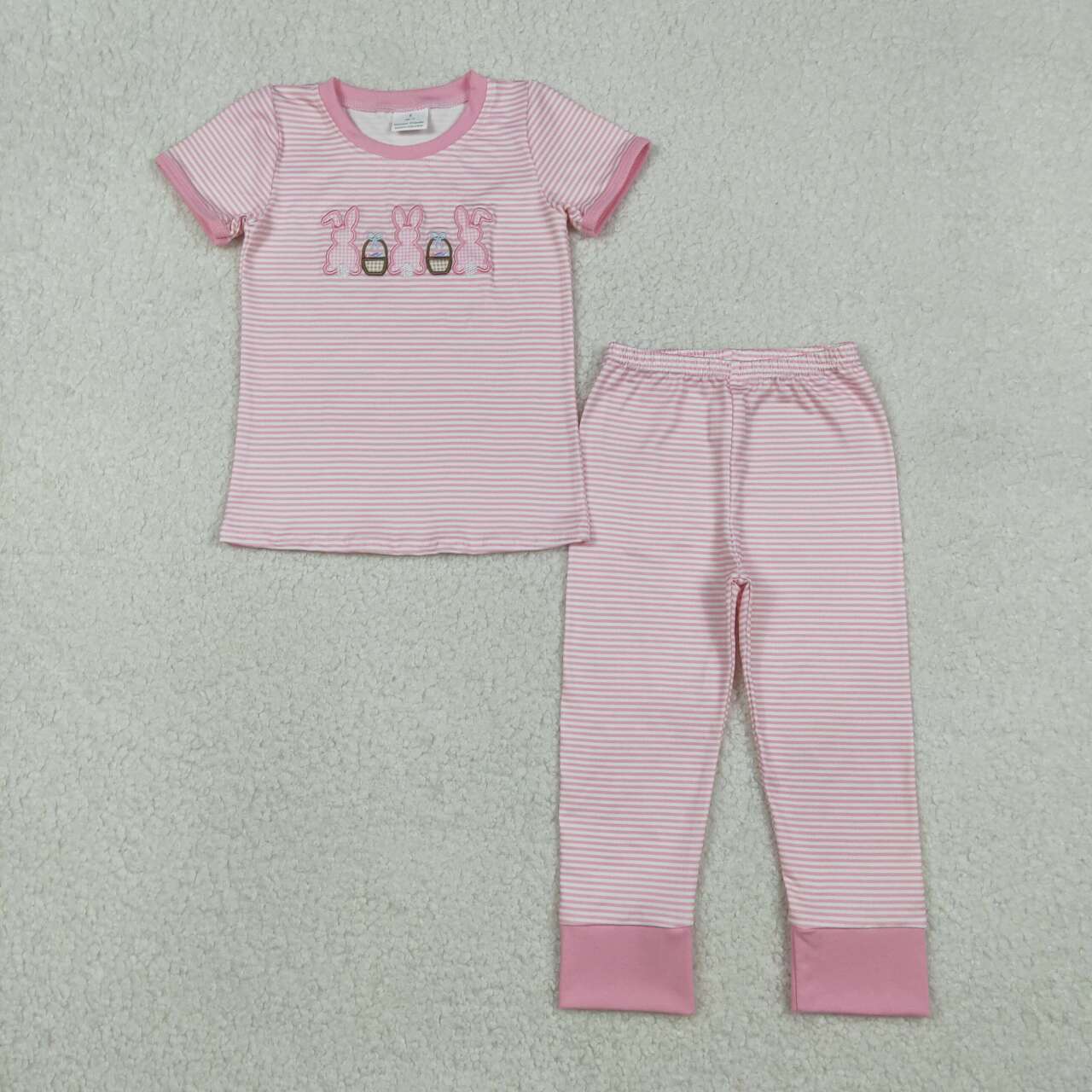 embroidery Easter bunny pink stripes design girls short sleeve outfit