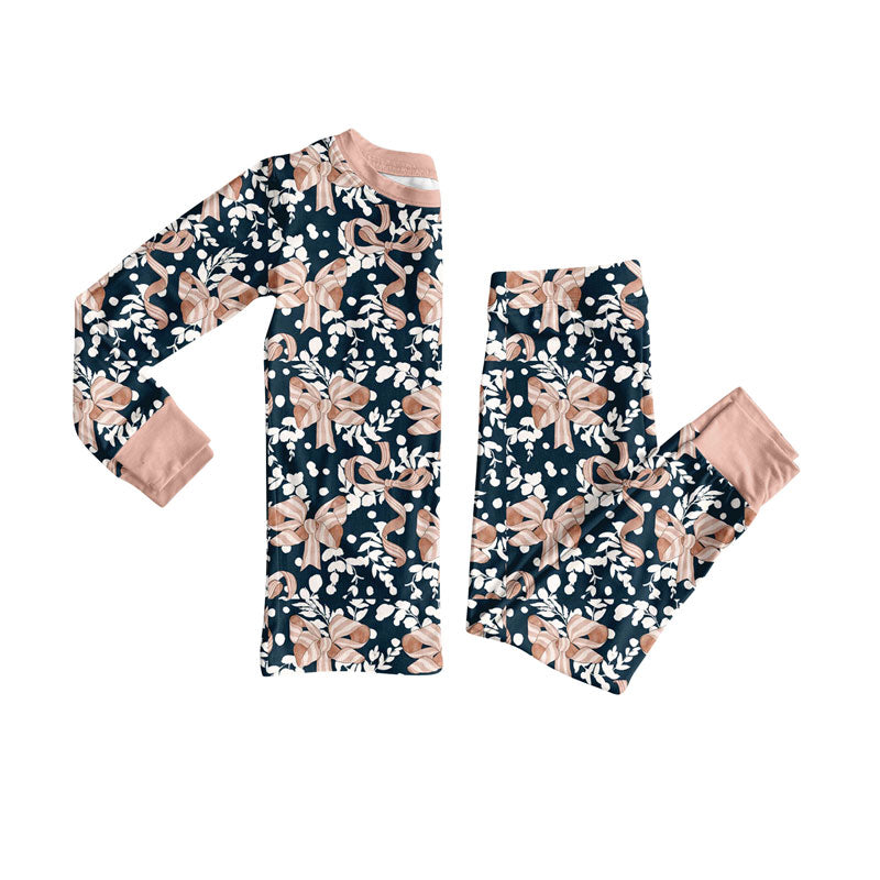 Pink bow print kids pajama set wholesal factory price