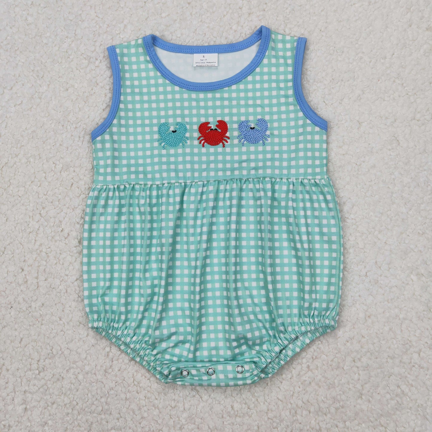 Baby boy green plaid embroidery crab design summer outfit