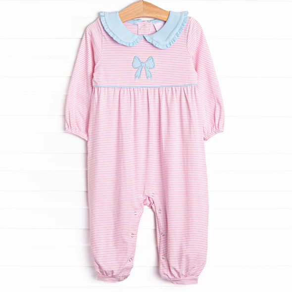 Toddle kids blue bow pink stripes romper