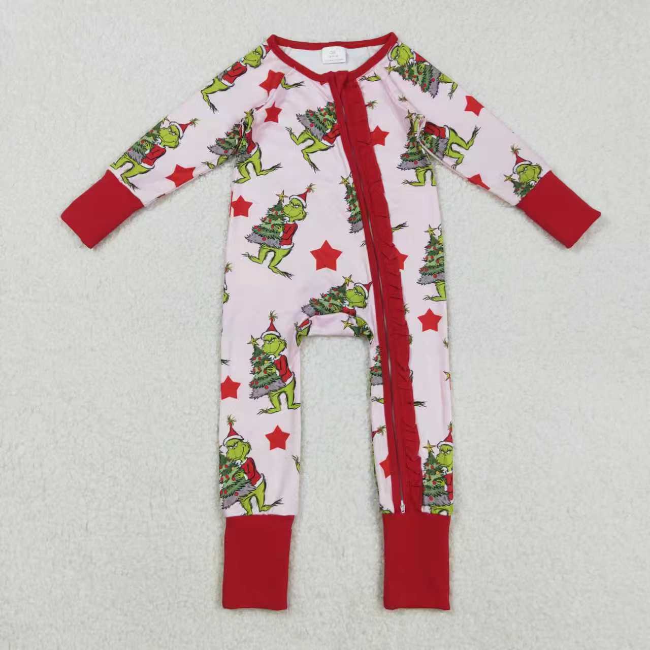 Christmas tree green face kids long sleeve matching pajama set