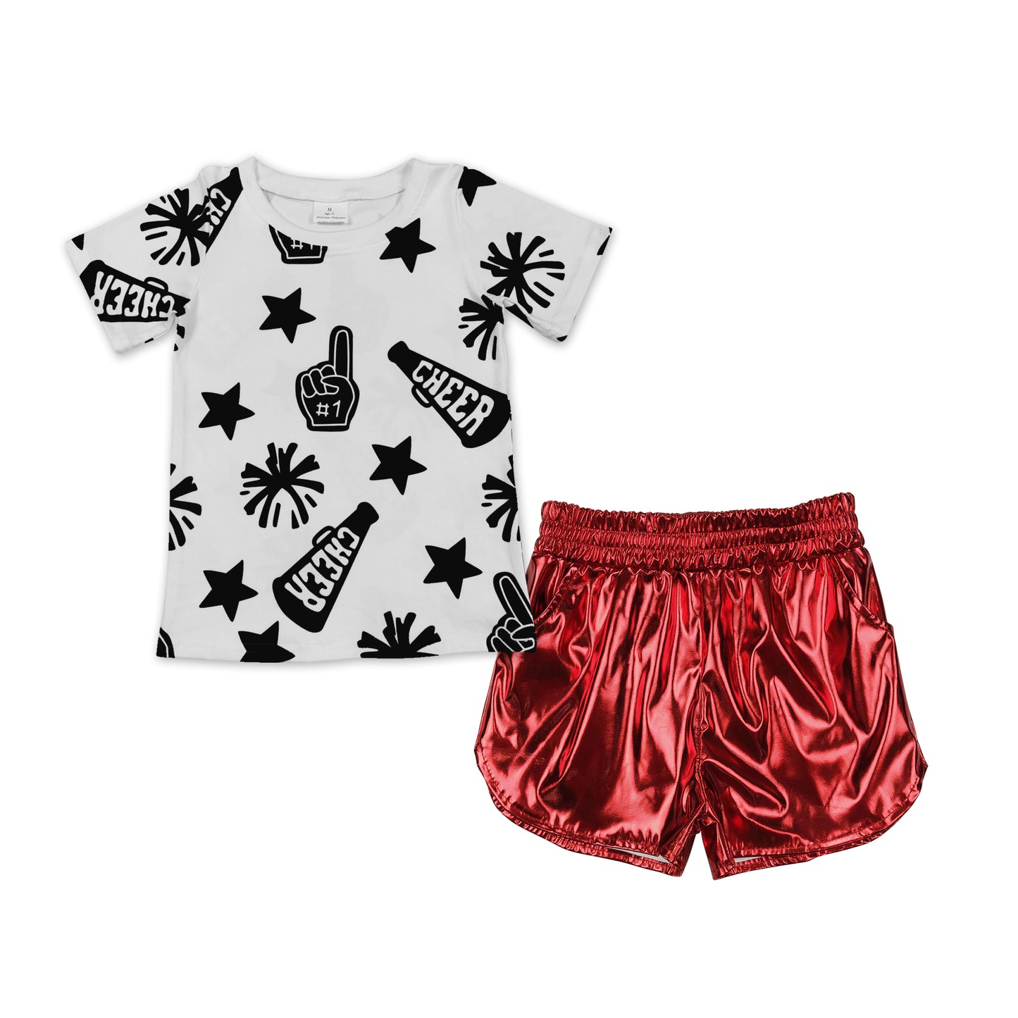 Short sleeve cheer design top red leather shorts girls summer outfit