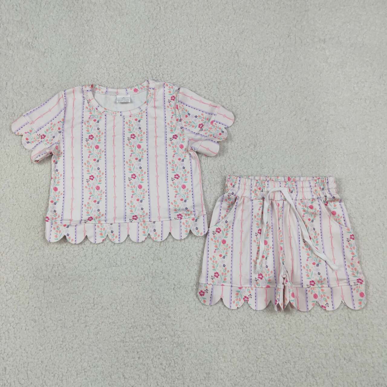 Floral bow design top matching shorts girls summer outfit