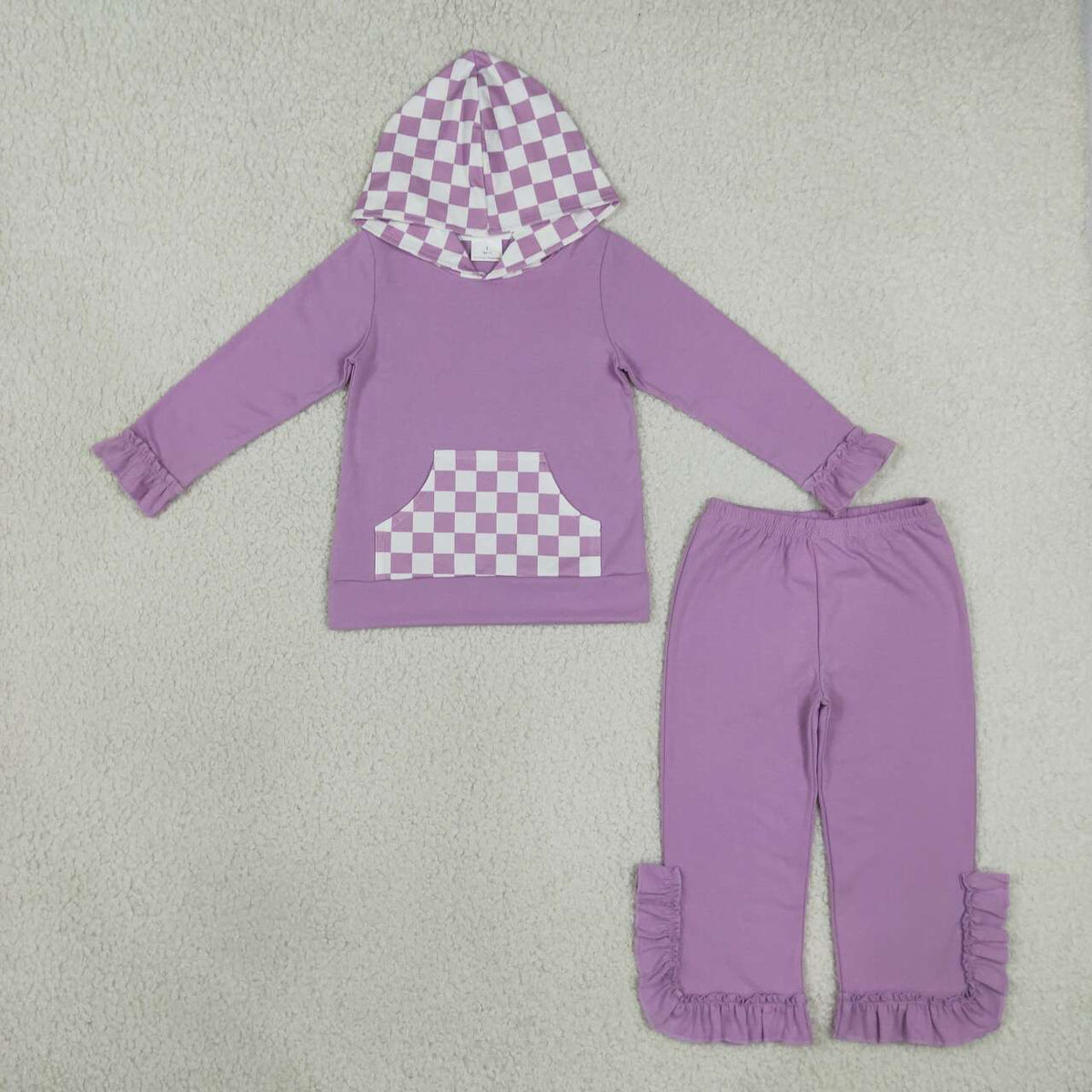 Lavender plaid long sleeve top matching pants girls fall winter outfit