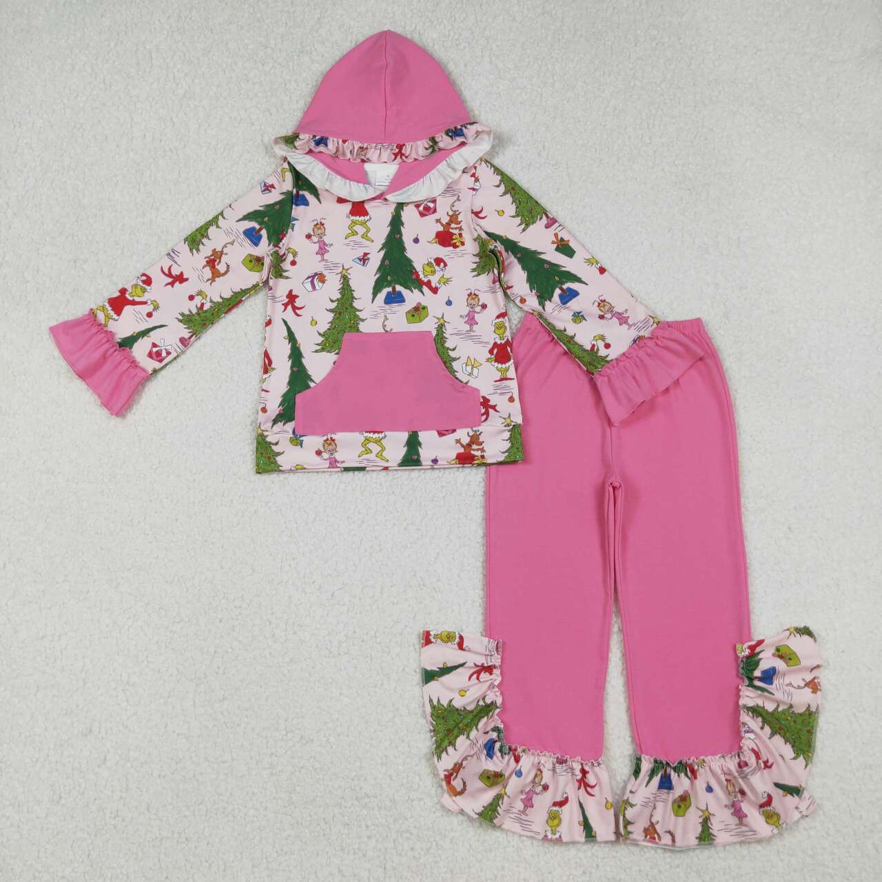 Christmas Tree Green Face kids girls matching hoodie set