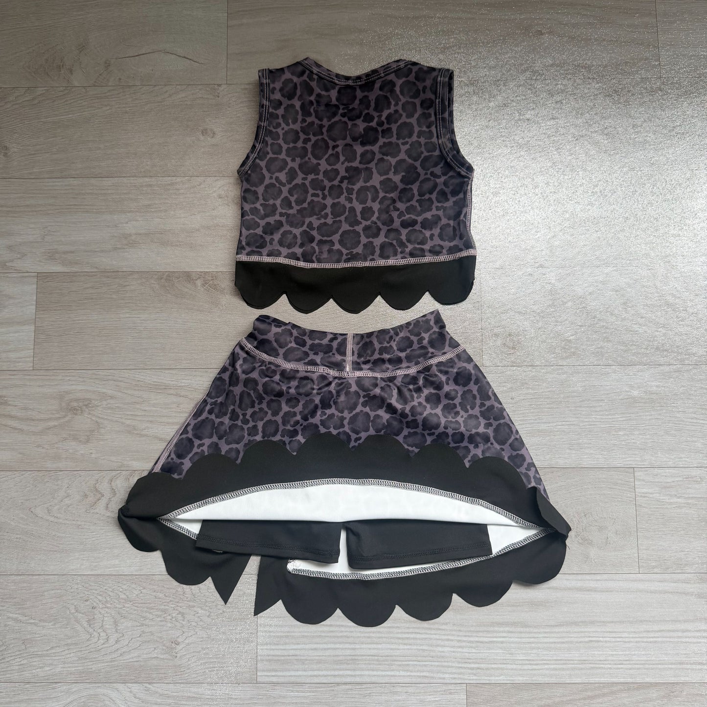 Black leopard sleeveless yoga pullover top matching skorts girls outfit preorder