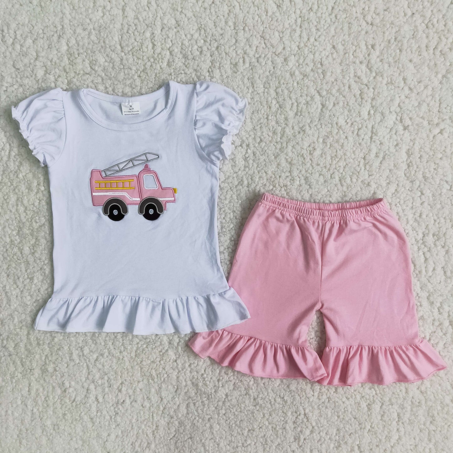 Baby embroidery fire truck summer short set