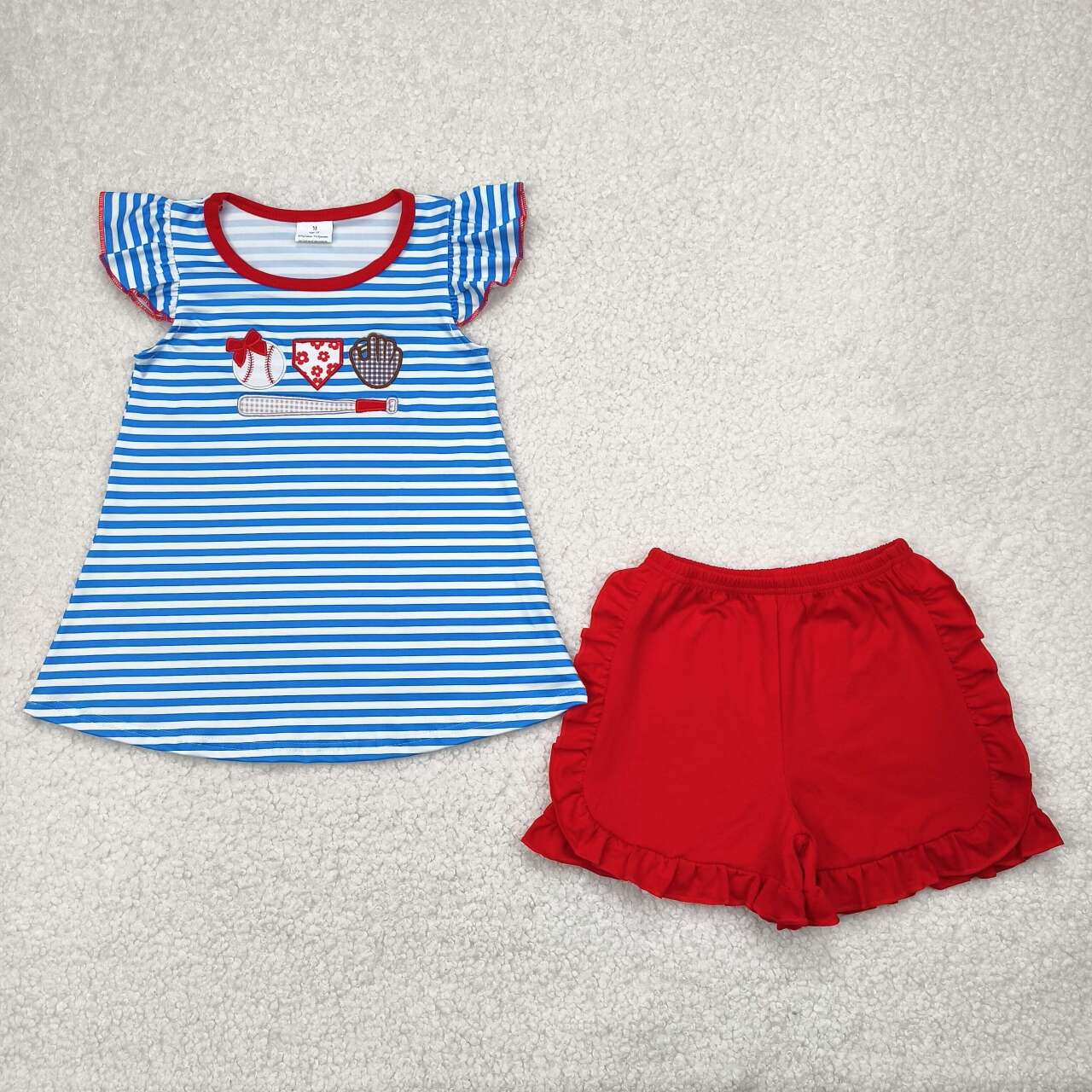 Baby girls blue stripes embroidery baseball summer outfit