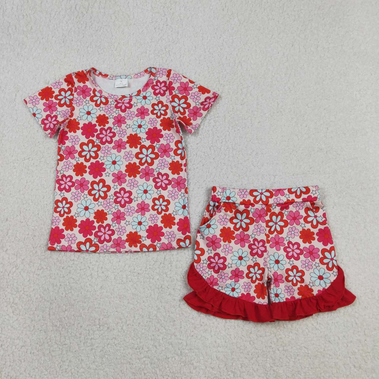Red flowers top matching shorts girl summer outfit