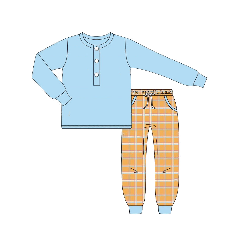 Blue long sleeve top yellow plaid pants spring fall clothes wholesale price preorder