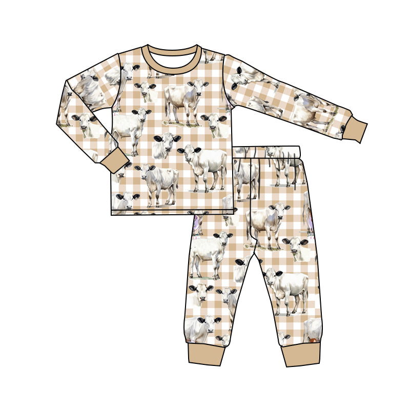 baby boy farm cow khahi checkered pajama set outfit preorder