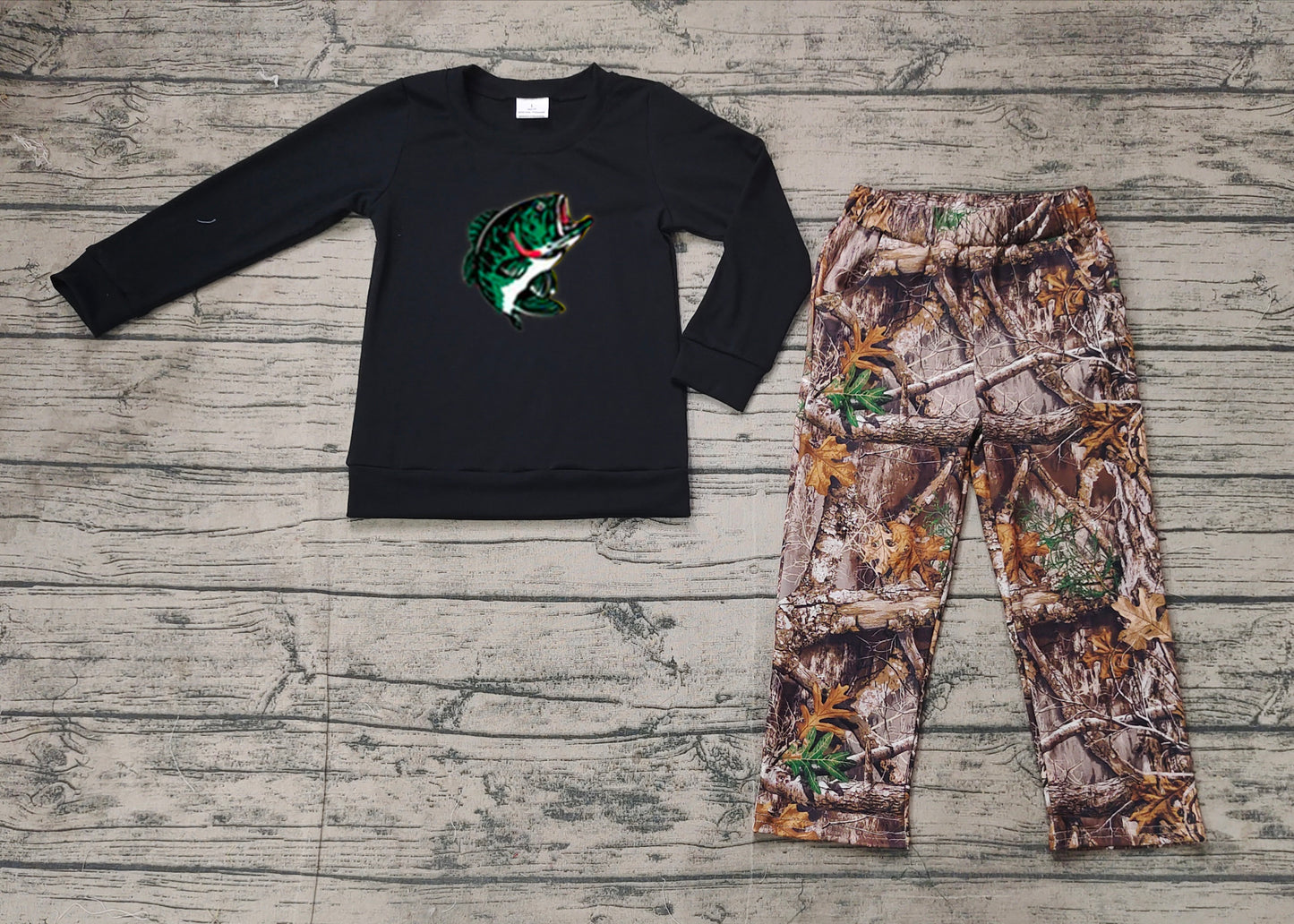 boy vinly fishing top camo pants matching clothes preorder