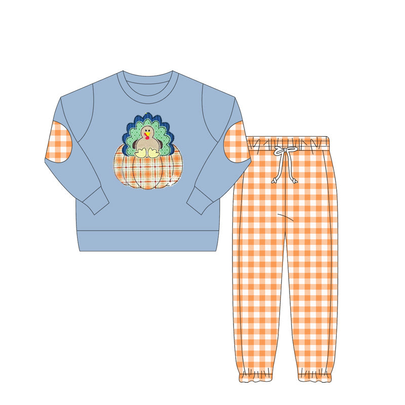 Thanksgiving turkey blue shirt orange plaid pants boy clothes preorder