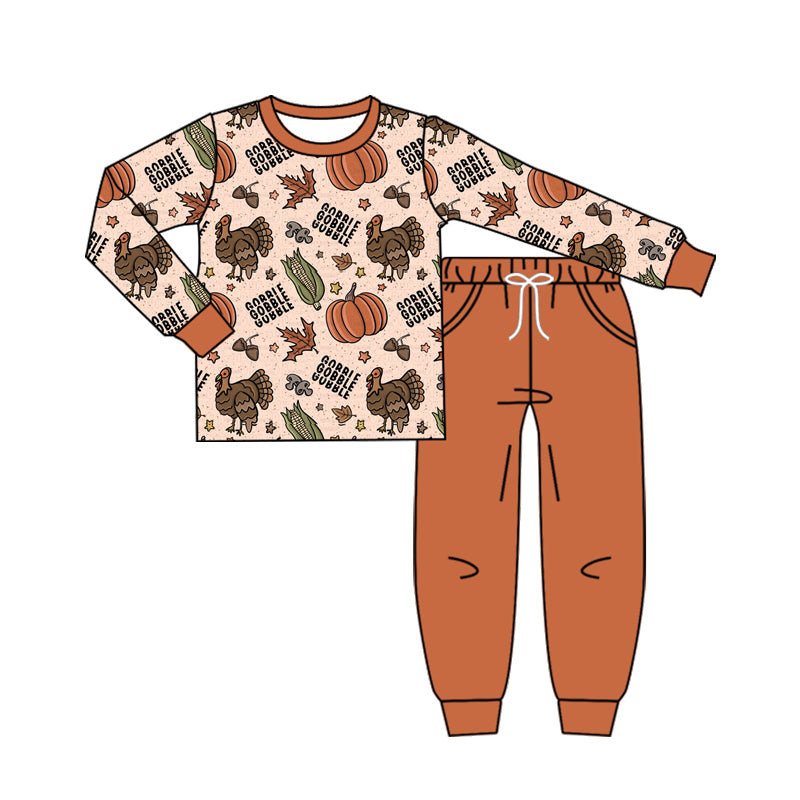 Thanksgiving turkey pumpkins boy long sleeve matching outfit preorder