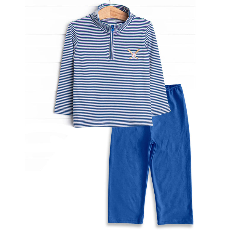 Blue stripes baseball kids boy matching outfit set preorder