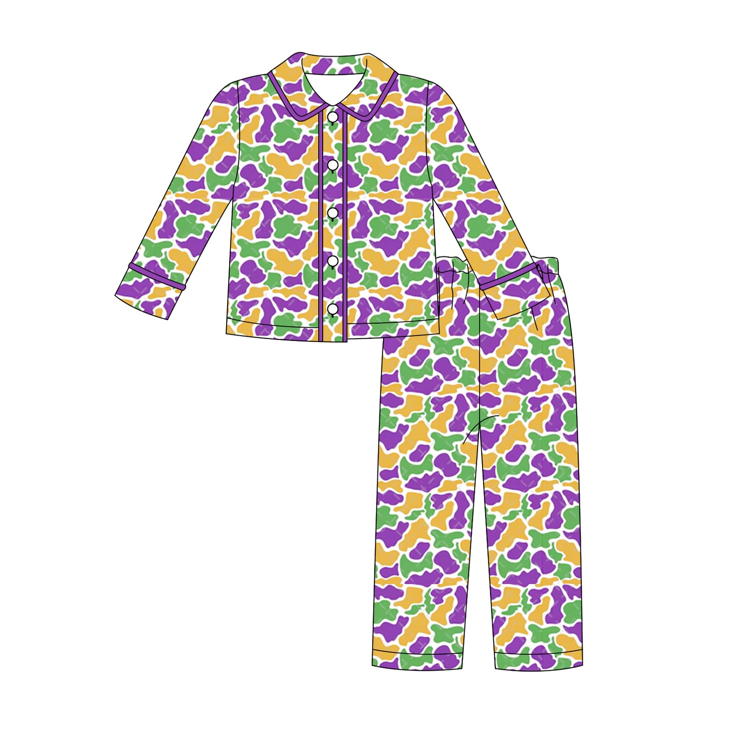 Mardi Gras camo design boy long sleeve pajama set preorder