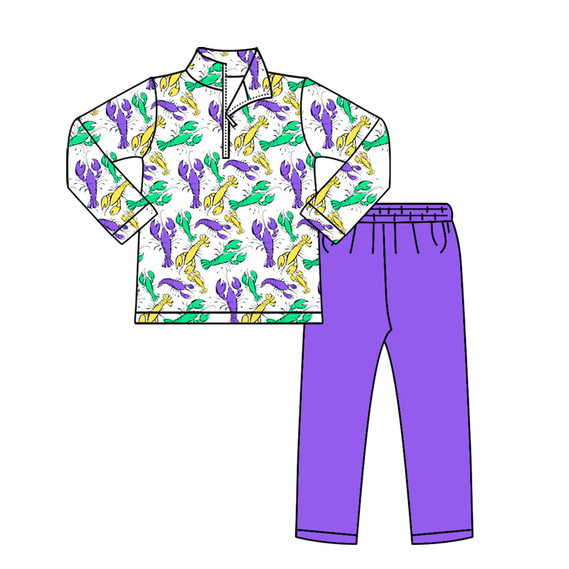 Mardi Gras Crawfish design kids boy long sleeve outfit preorder