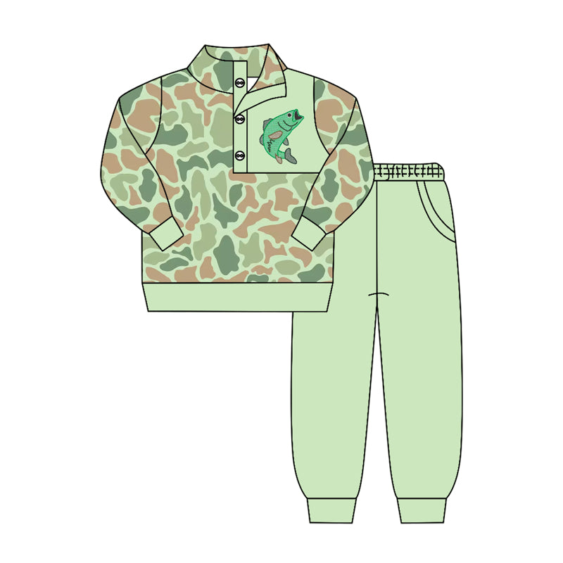 Fishing camo long sleeve pullover top matching pants outfit preorder