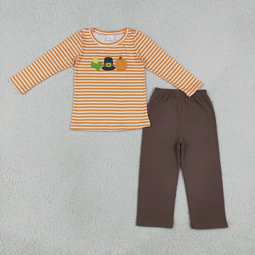 Boy long sleeve embroidery pumpkin truck top matching pants boy spring fall outfit