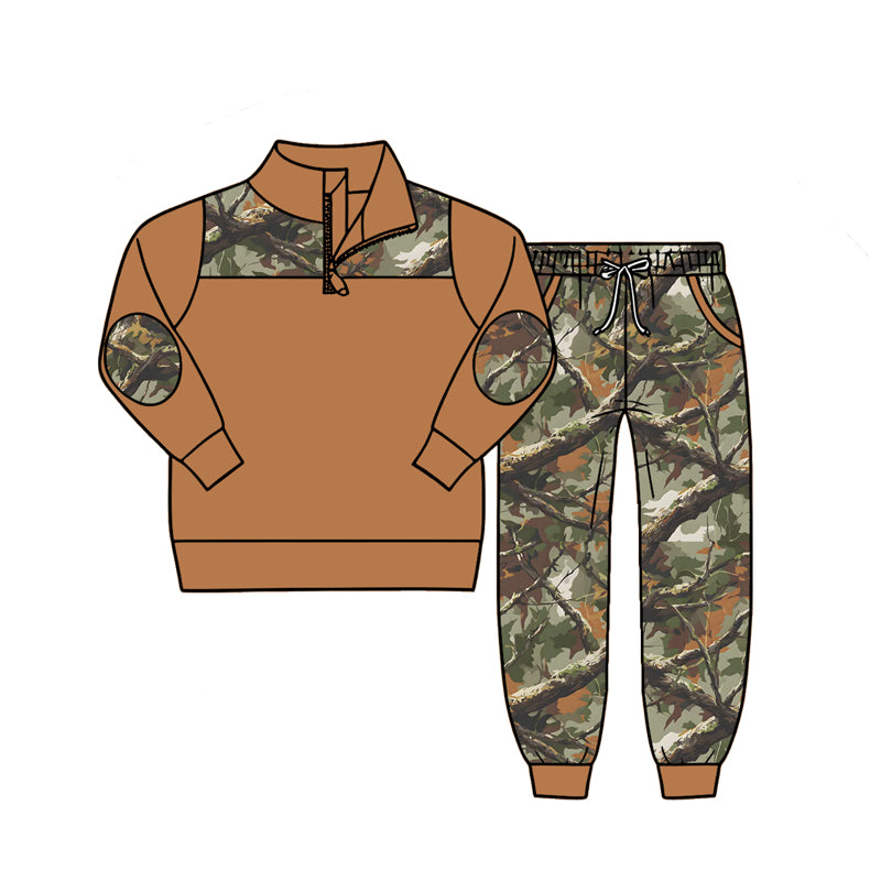 Brown long sleeve pullover matching pants boy spring fall outfit preorder