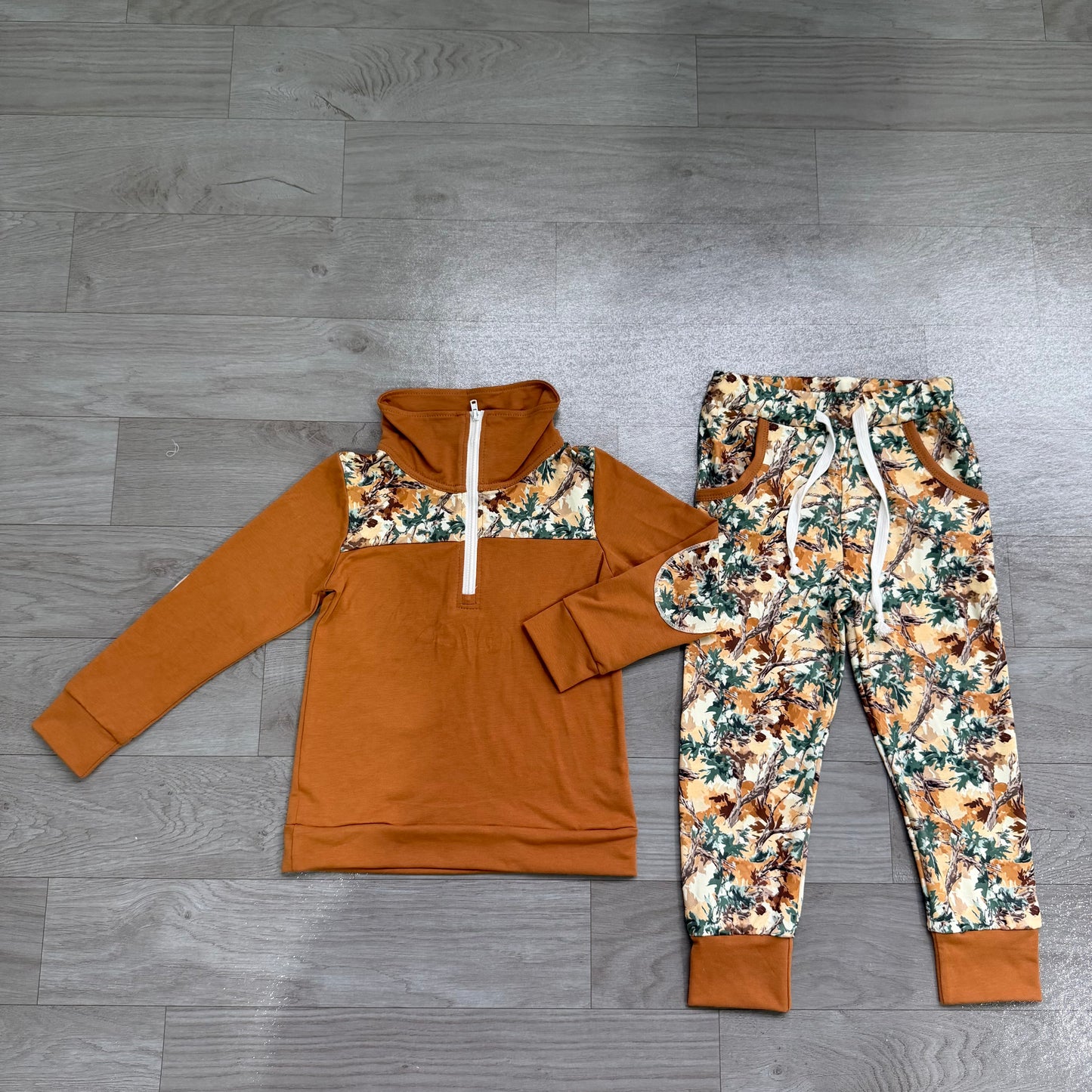 Brown long sleeve pullover matching pants boy spring fall outfit preorder
