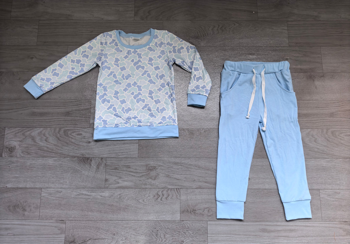 Blue camo top matching pants boys long sleeve set outfit preorder