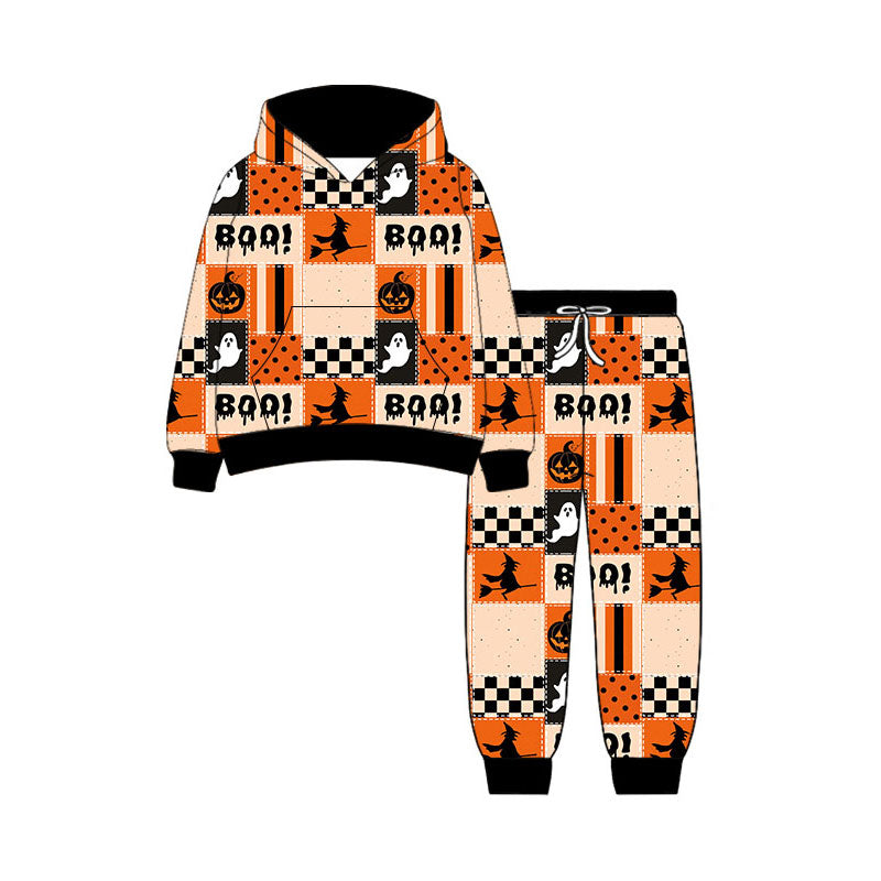 Halloween boo ghost print boys long sleeve hoodie set outfit preorder