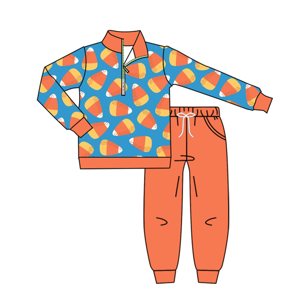 Halloween candy corn print boys long sleeve outfit preorder