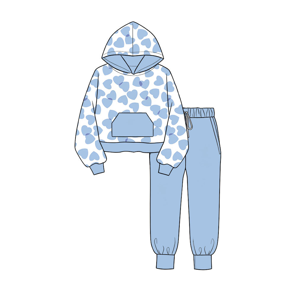 Valentines day blue heart long sleeve top matching pants boys outfit preorder
