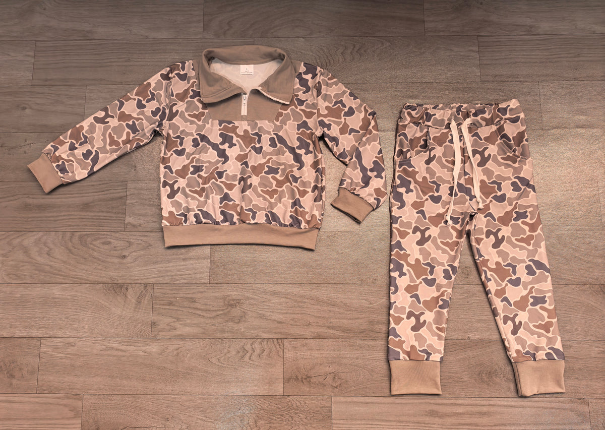 Dark grey long sleeve camo pullover top matching pants fall winter boys outfit preorder