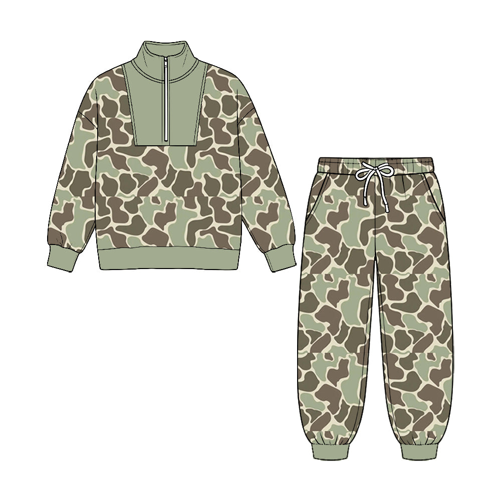 Green long sleeve camo pullover top matching pants fall winter boys outfit preorder