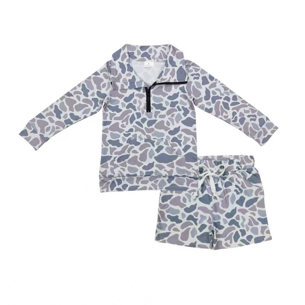 Light grey camo pullover top matching shorts boy spring fall outfit