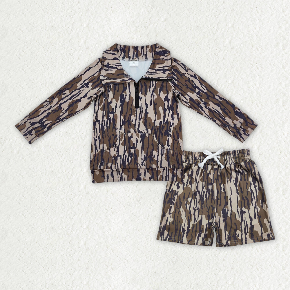 Camo long sleeve pullover top matching shorts baby boy outfit