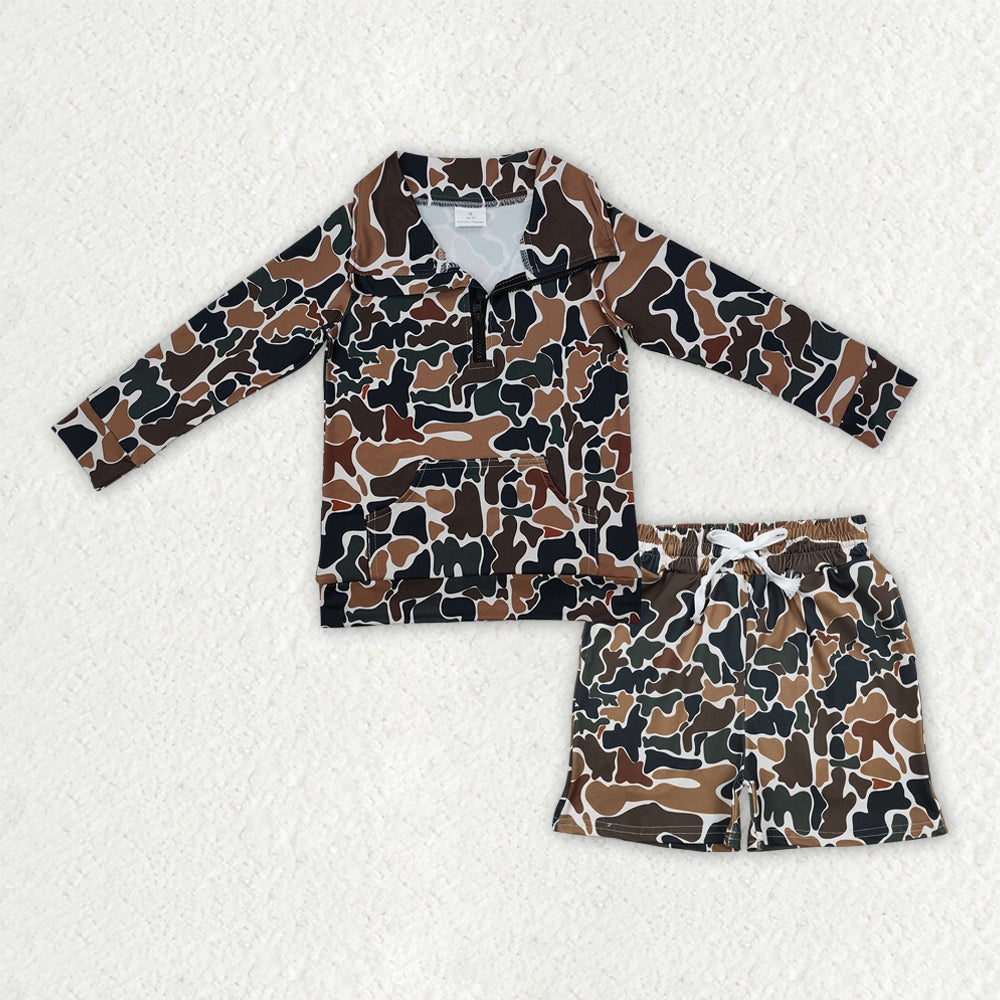 Dark green camo long sleeve pullover top matching shorts baby boy outfit