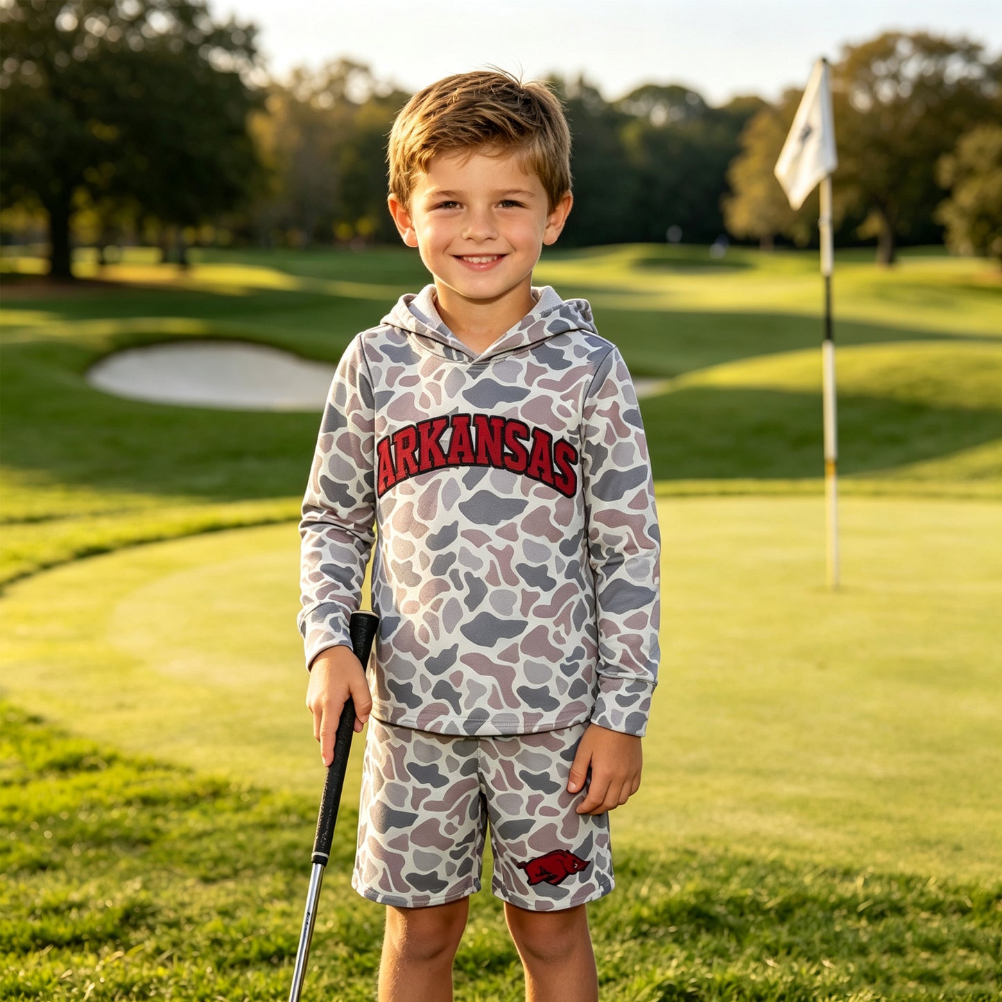 Boys long sleeve arkansas camo hoodie top matching shorts outfit
