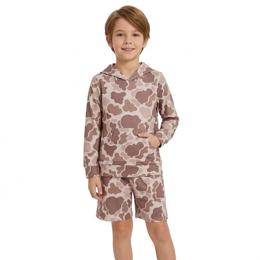 Camo long sleeve hoodie top matching shorts boy outfit