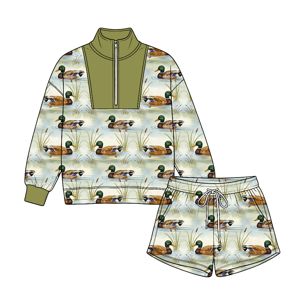 Mallard duck print long sleeve pullover top matching shorts boy fall winter outfit preorder