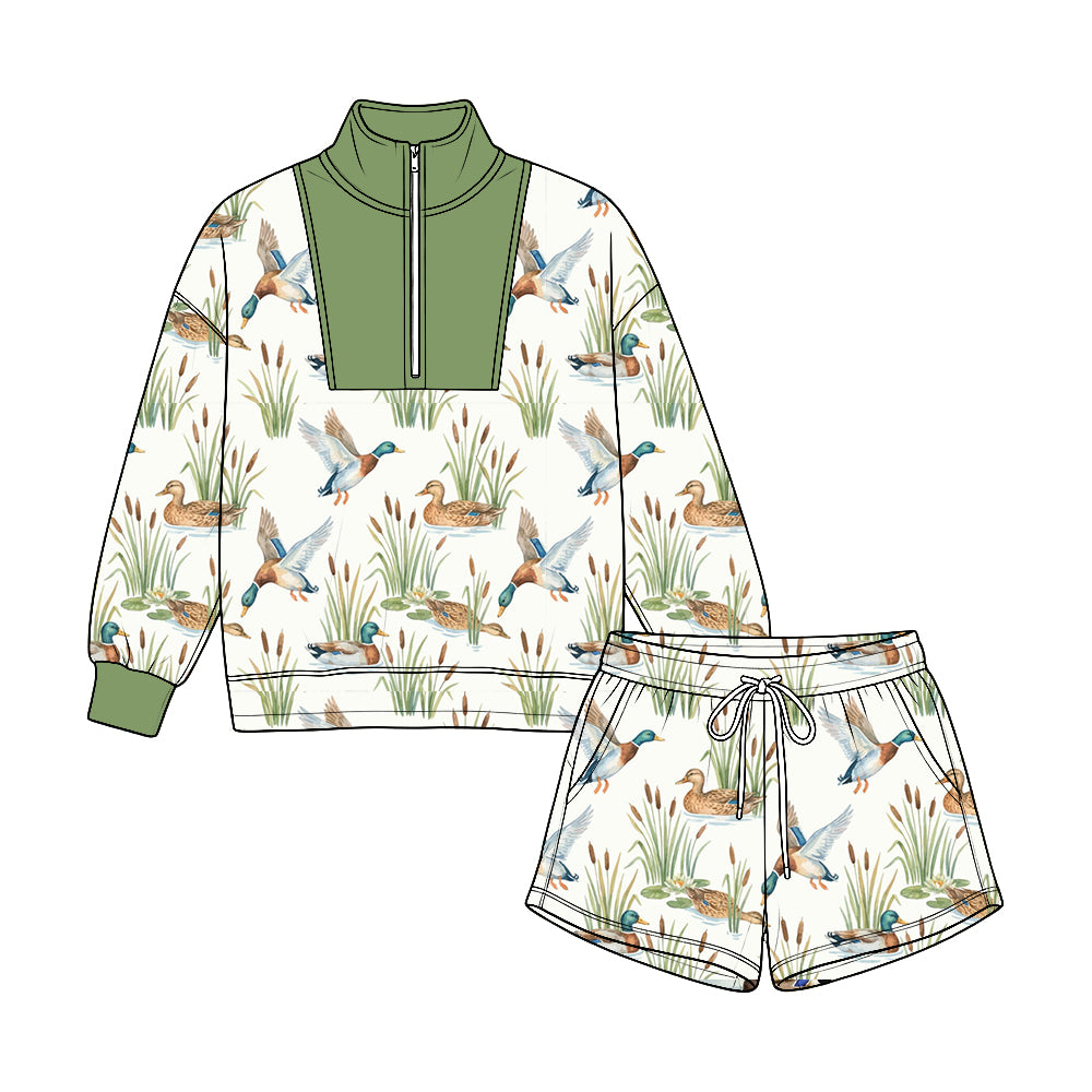 Mallard duck print long sleeve pullover top matching shorts boy fall winter outfit preorder