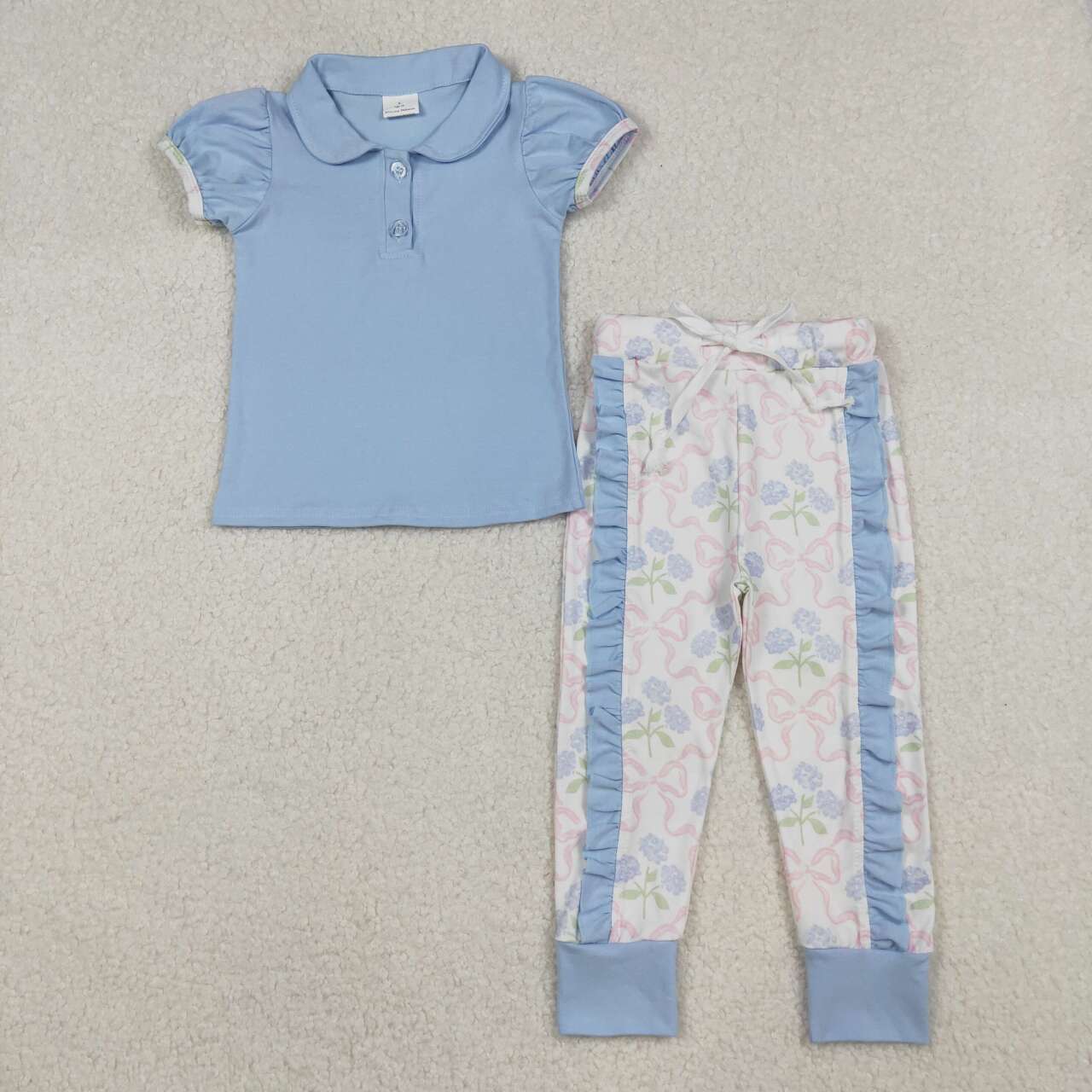 Blue shirt floral pants girls outfit