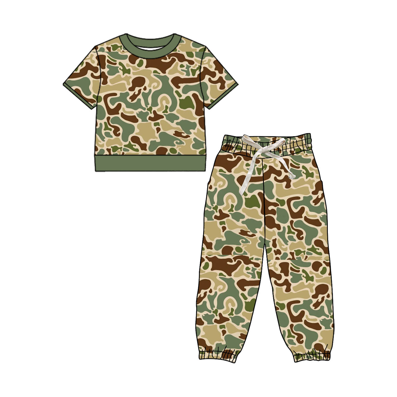 Short sleeve green camo top matching pants boy outfit preorder