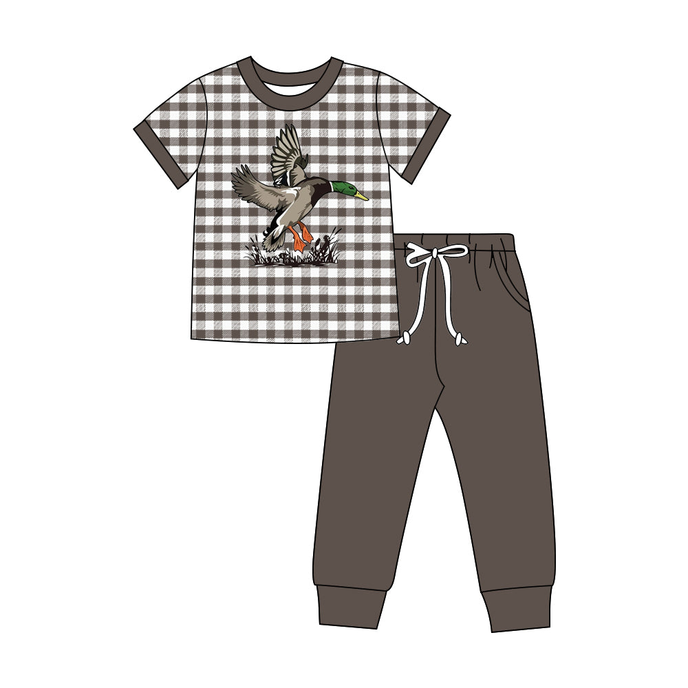 Mallard duck short sleeve dark grey plaid top matching pants boy outfit preorder