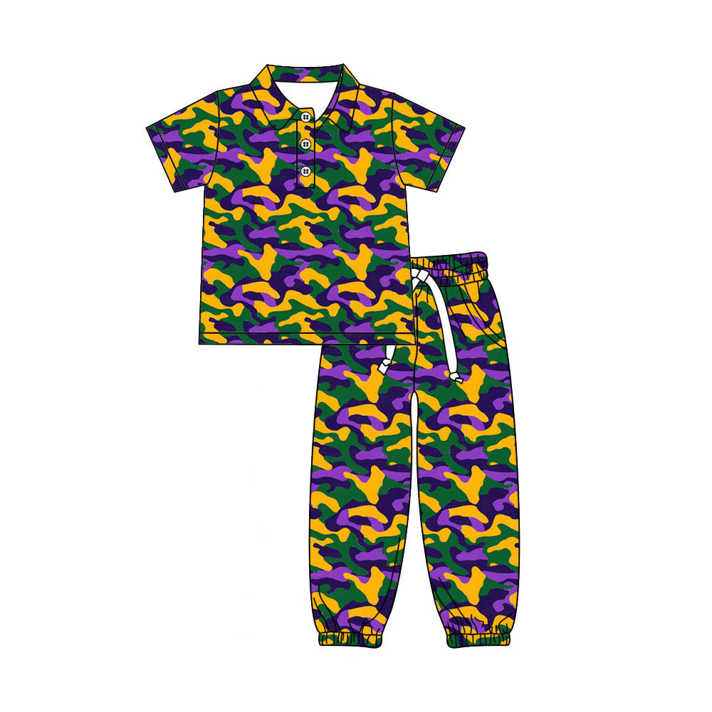 Mardi gras camo print long sleeve top matching pants boy outfit preorder