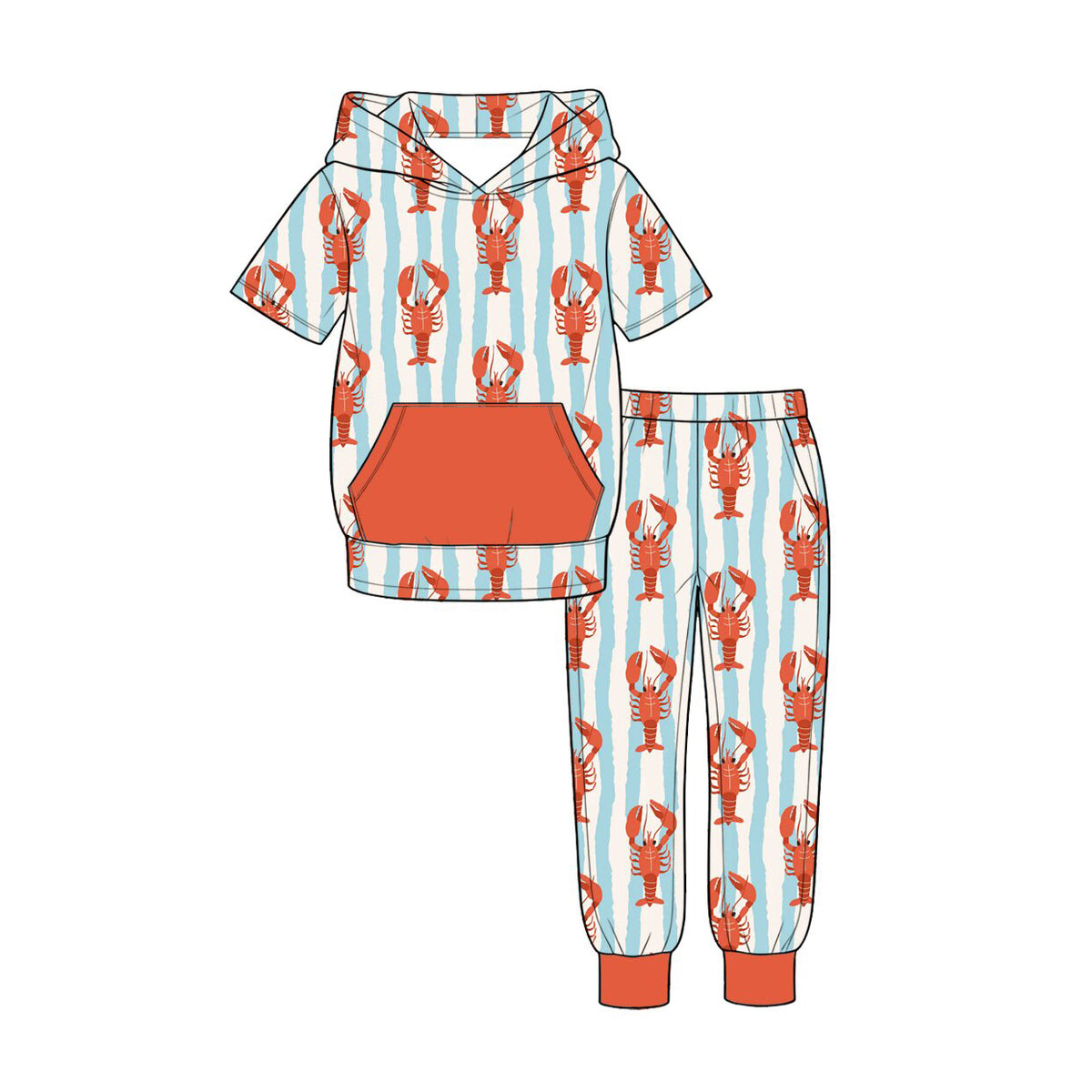 Crawfish blue stripes print boys short sleeve hoodie set preorder