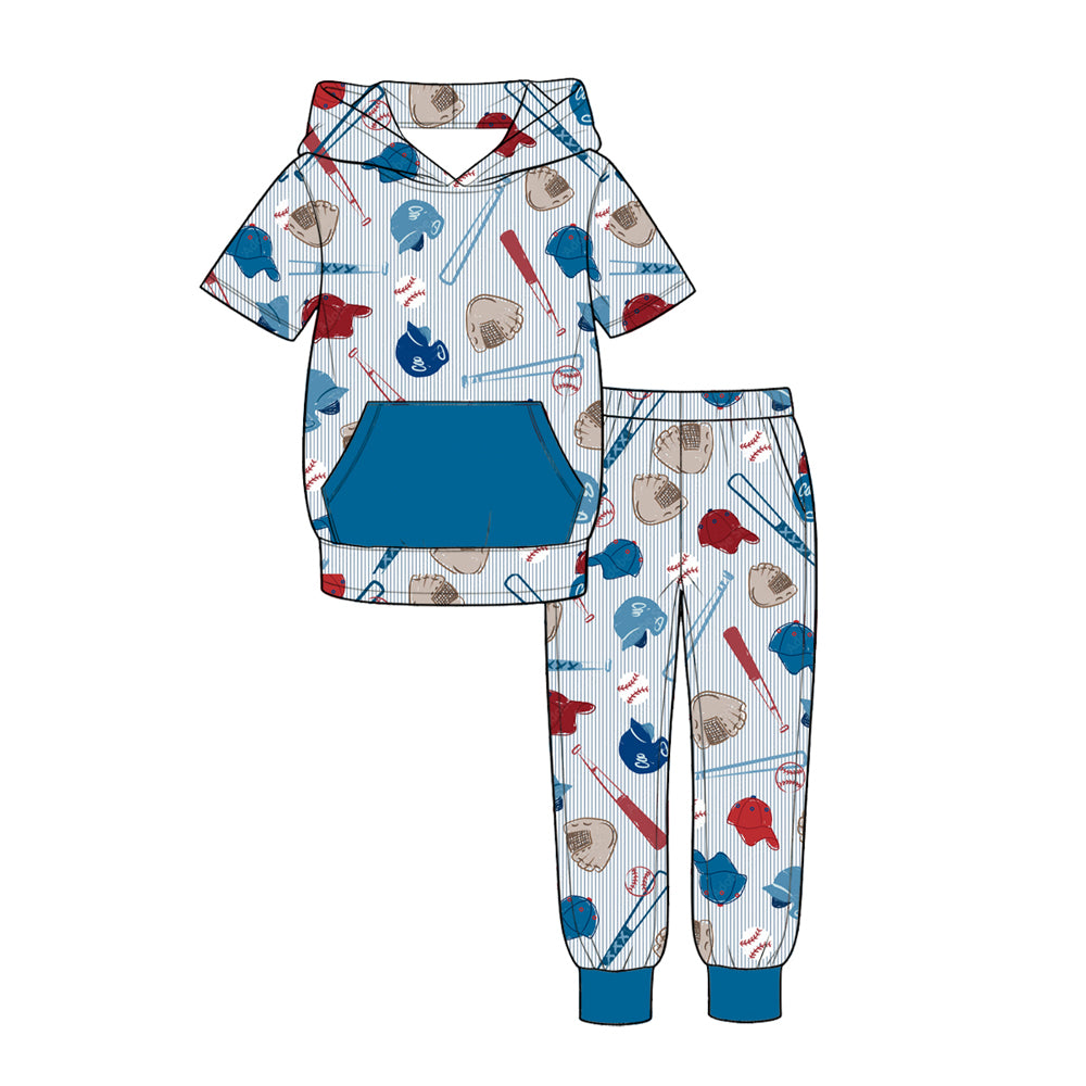 Baseball print boys short sleeve top pants hoodie set outfit preorder